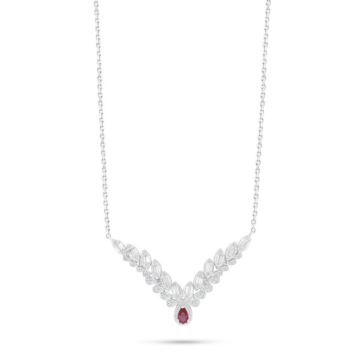 [NCL01RUB00WCZB961] Sterling Silver 925 Necklace Rhodium Plated Embedded With Ruby Corundum And White Zircon