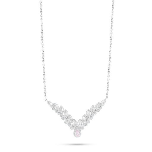 [NCL01PIK00WCZB961] Sterling Silver 925 Necklace Rhodium Plated Embedded With Pink Zircon And White Zircon