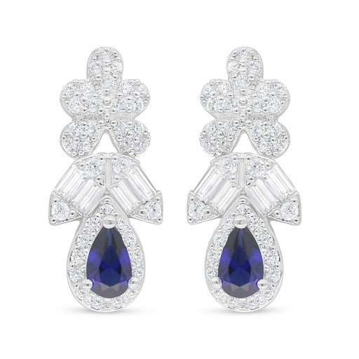 [EAR01SAP00WCZC879] Sterling Silver 925 Earring Rhodium Plated Embedded With Sapphire Corundum And White Zircon