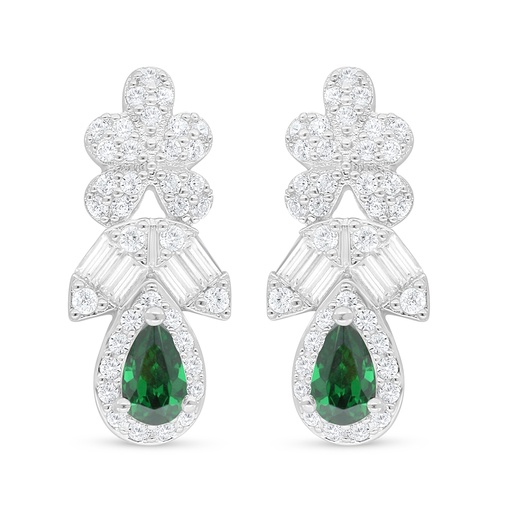 [EAR01EMR00WCZC879] Sterling Silver 925 Earring Rhodium Plated Embedded With Emerald Zircon And White Zircon