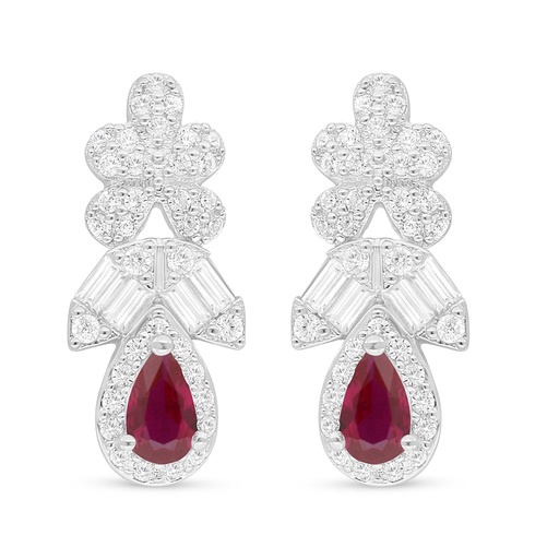 [EAR01RUB00WCZC879] Sterling Silver 925 Earring Rhodium Plated Embedded With Ruby Corundum And White Zircon