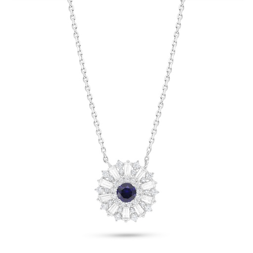 [NCL01SAP00WCZB985] Sterling Silver 925 Necklace Rhodium Plated Embedded With Sapphire Corundum And White Zircon