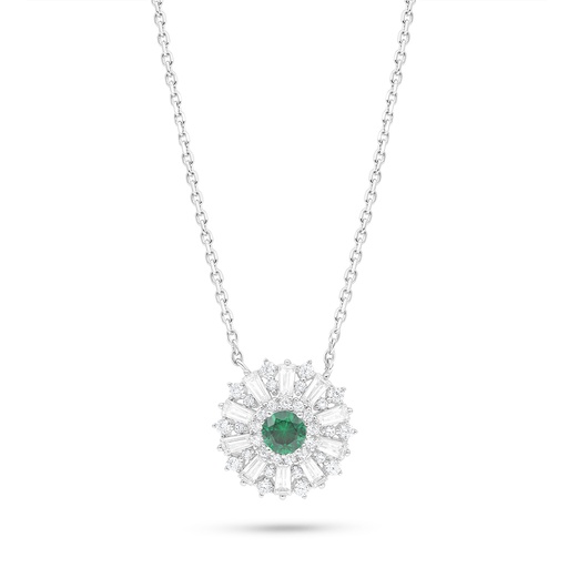 [NCL01EMR00WCZB985] Sterling Silver 925 Necklace Rhodium Plated Embedded With Emerald Zircon And White Zircon