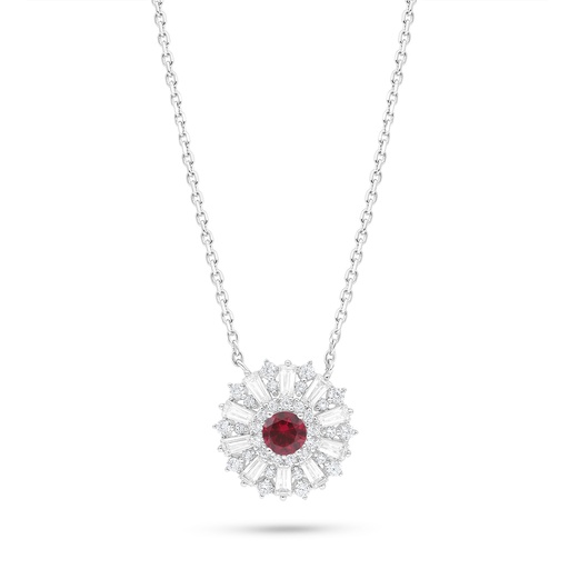 [NCL01RUB00WCZB985] Sterling Silver 925 Necklace Rhodium Plated Embedded With Ruby Corundum And White Zircon