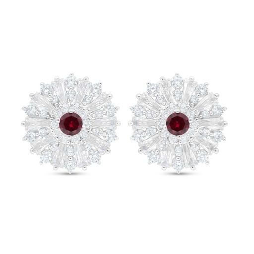 [EAR01RUB00WCZC902] Sterling Silver 925 Earring Rhodium Plated Embedded With Ruby Corundum And White Zircon