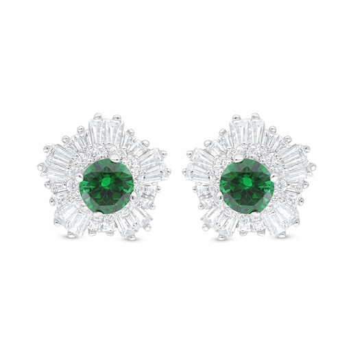 [EAR01EMR00WCZC908] Sterling Silver 925 Earring Rhodium Plated Embedded With Emerald Zircon And White Zircon