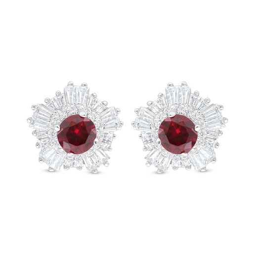 [EAR01RUB00WCZC908] Sterling Silver 925 Earring Rhodium Plated Embedded With Ruby Corundum And White Zircon
