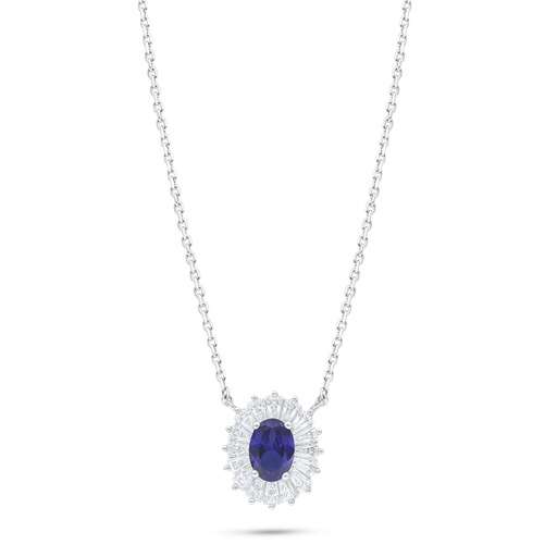 [NCL01SAP00WCZB993] Sterling Silver 925 Necklace Rhodium Plated Embedded With Sapphire Corundum And White Zircon