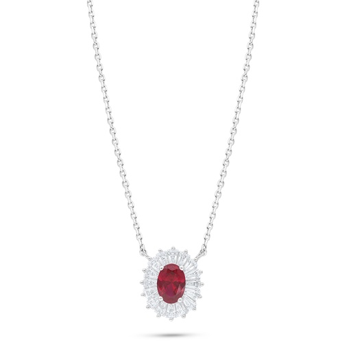 [NCL01RUB00WCZB993] Sterling Silver 925 Necklace Rhodium Plated Embedded With Ruby Corundum And White Zircon