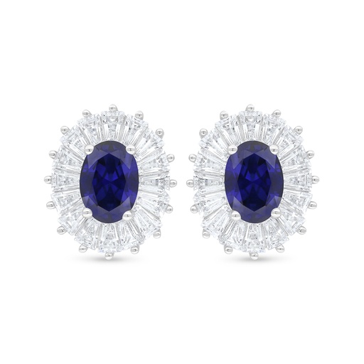 [EAR01SAP00WCZC909] Sterling Silver 925 Earring Rhodium Plated Embedded With Sapphire Corundum And White Zircon