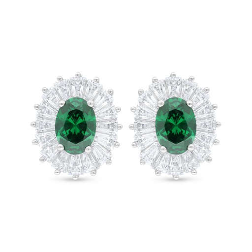 [EAR01EMR00WCZC909] Sterling Silver 925 Earring Rhodium Plated Embedded With Emerald Zircon And White Zircon