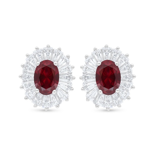 [EAR01RUB00WCZC909] Sterling Silver 925 Earring Rhodium Plated Embedded With Ruby Corundum And White Zircon