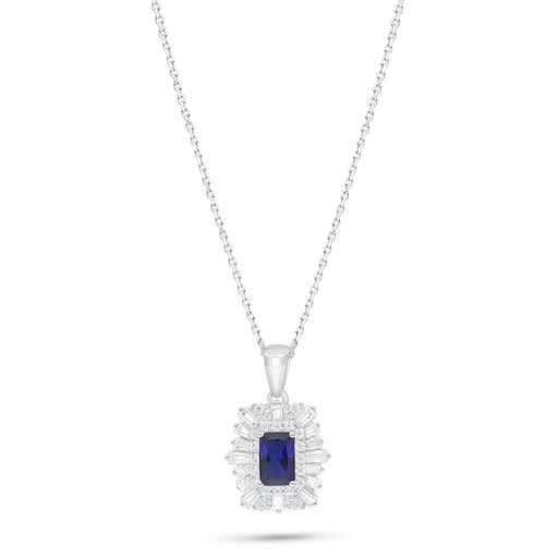 [NCL01SAP00WCZB994] Sterling Silver 925 Necklace Rhodium Plated Embedded With Sapphire Corundum And White Zircon