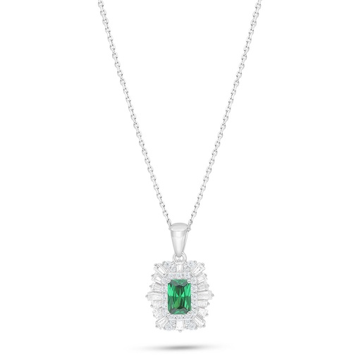 [NCL01EMR00WCZB994] Sterling Silver 925 Necklace Rhodium Plated Embedded With Emerald Zircon And White Zircon