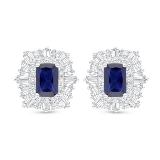 [EAR01SAP00WCZC910] Sterling Silver 925 Earring Rhodium Plated Embedded With Sapphire Corundum And White Zircon
