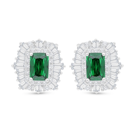 [EAR01EMR00WCZC910] Sterling Silver 925 Earring Rhodium Plated Embedded With Emerald Zircon And White Zircon