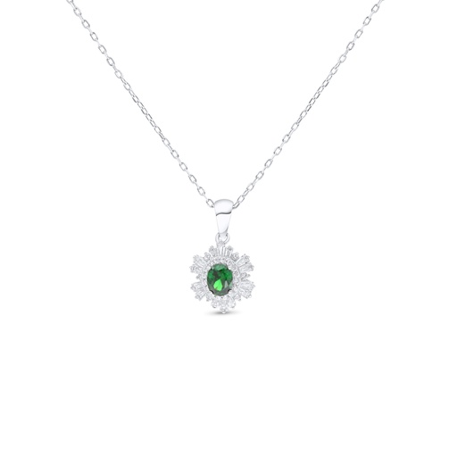 [NCL01EMR00WCZB995] Sterling Silver 925 Necklace Rhodium Plated Embedded With Emerald Zircon And White Zircon