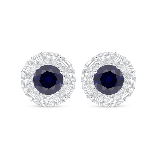 [EAR01SAP00WCZC912] Sterling Silver 925 Earring Rhodium Plated Embedded With Sapphire Corundum And White Zircon