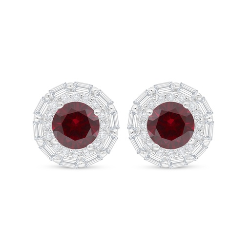 [EAR01RUB00WCZC912] Sterling Silver 925 Earring Rhodium Plated Embedded With Ruby Corundum And White Zircon