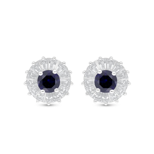 [EAR01SAP00WCZC913] Sterling Silver 925 Earring Rhodium Plated Embedded With Sapphire Corundum And White Zircon