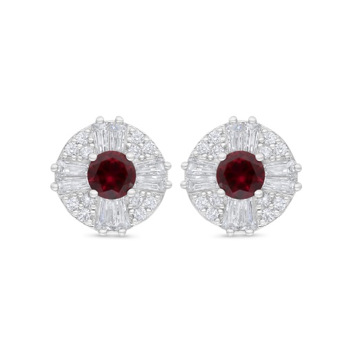 [EAR01RUB00WCZC914] Sterling Silver 925 Earring Rhodium Plated Embedded With Ruby Corundum And White Zircon