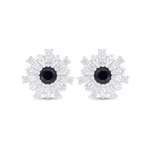 [EAR01SAP00WCZC915] Sterling Silver 925 Earring Rhodium Plated Embedded With Sapphire Corundum And White Zircon