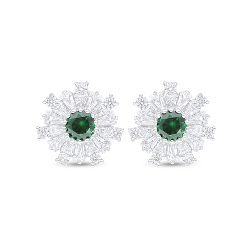 [EAR01EMR00WCZC915] Sterling Silver 925 Earring Rhodium Plated Embedded With Emerald Zircon And White Zircon