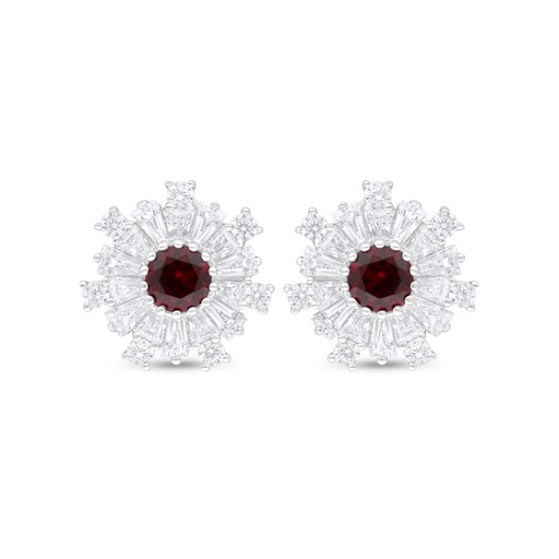 [EAR01RUB00WCZC915] Sterling Silver 925 Earring Rhodium Plated Embedded With Ruby Corundum And White Zircon