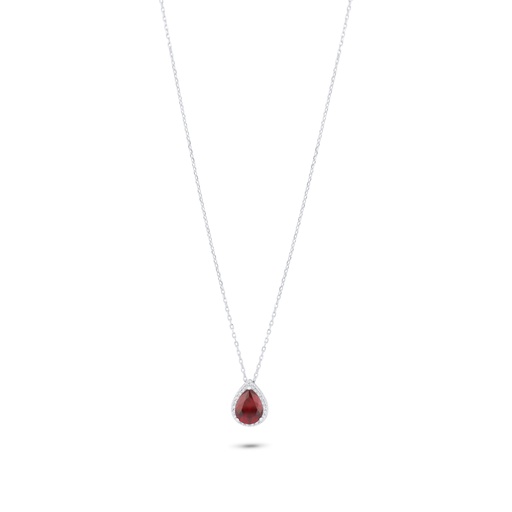 [NCL01RUB00WCZC001] Sterling Silver 925 Necklace Rhodium Plated Embedded With Ruby Corundum And White Zircon