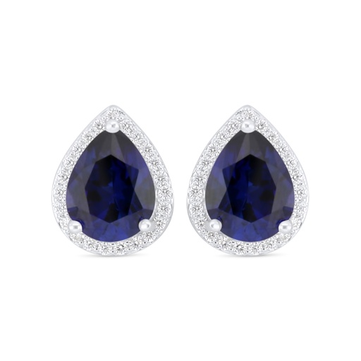 [EAR01SAP00WCZC917] Sterling Silver 925 Earring Rhodium Plated Embedded With Sapphire Corundum And White Zircon