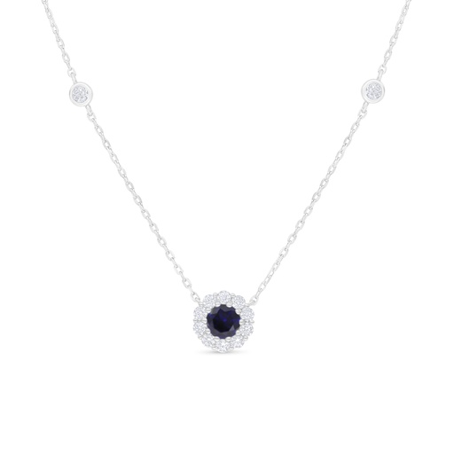 [NCL01SAP00WCZC003] Sterling Silver 925 Necklace Rhodium Plated Embedded With Sapphire Corundum And White Zircon