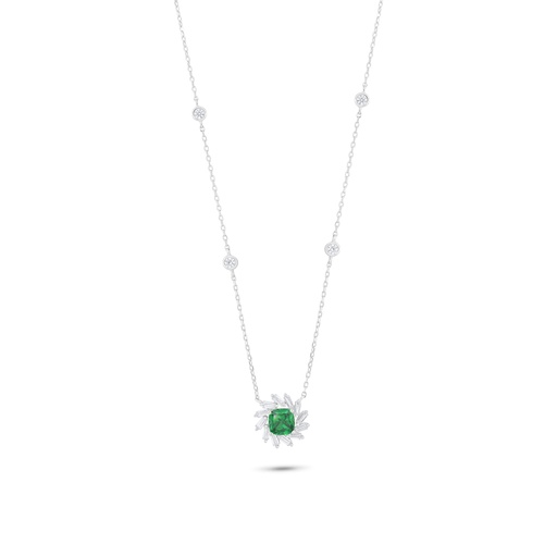 [NCL01EMR00WCZC004] Sterling Silver 925 Necklace Rhodium Plated Embedded With Emerald Zircon And White Zircon