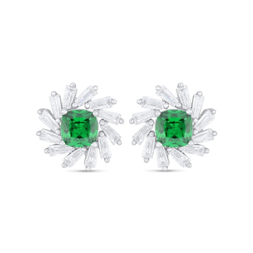 [EAR01EMR00WCZC920] Sterling Silver 925 Earring Rhodium Plated Embedded With Emerald Zircon And White Zircon