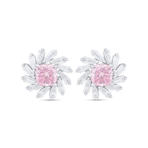 [EAR01PIK00WCZC920] Sterling Silver 925 Earring Rhodium Plated Embedded With Pink Zircon And White Zircon