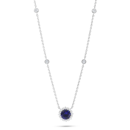 [NCL01SAP00WCZC005] Sterling Silver 925 Necklace Rhodium Plated Embedded With Sapphire Corundum And White Zircon