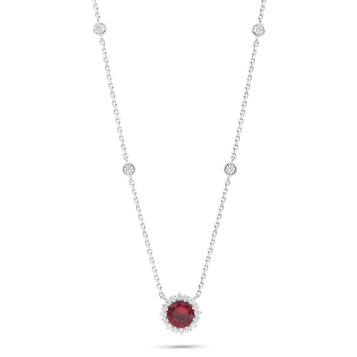 [NCL01RUB00WCZC005] Sterling Silver 925 Necklace Rhodium Plated Embedded With Ruby Corundum And White Zircon