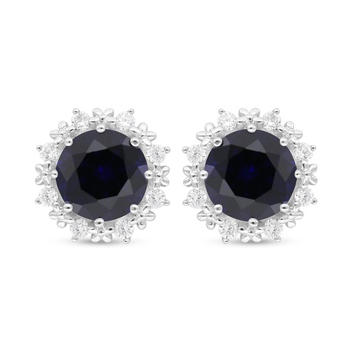 [EAR01SAP00WCZC921] Sterling Silver 925 Earring Rhodium Plated Embedded With Sapphire Corundum And White Zircon