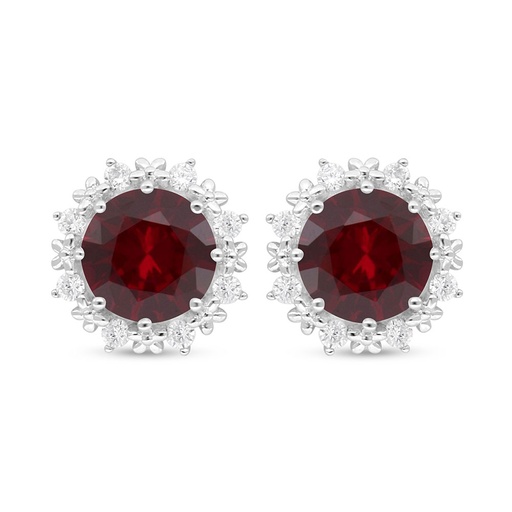 [EAR01RUB00WCZC921] Sterling Silver 925 Earring Rhodium Plated Embedded With Ruby Corundum And White Zircon
