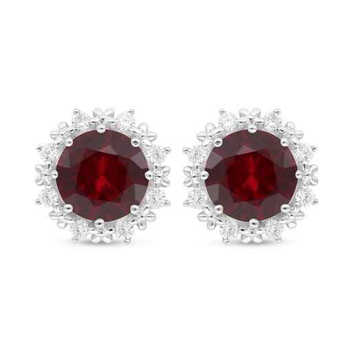 [EAR01RUB00WCZC921] Sterling Silver 925 Earring Rhodium Plated Embedded With Ruby Corundum And White Zircon