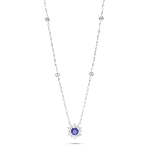 [NCL01SAP00WCZC007] Sterling Silver 925 Necklace Rhodium Plated Embedded With Sapphire Corundum And White Zircon