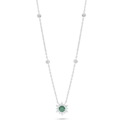 [NCL01EMR00WCZC007] Sterling Silver 925 Necklace Rhodium Plated Embedded With Emerald Zircon And White Zircon