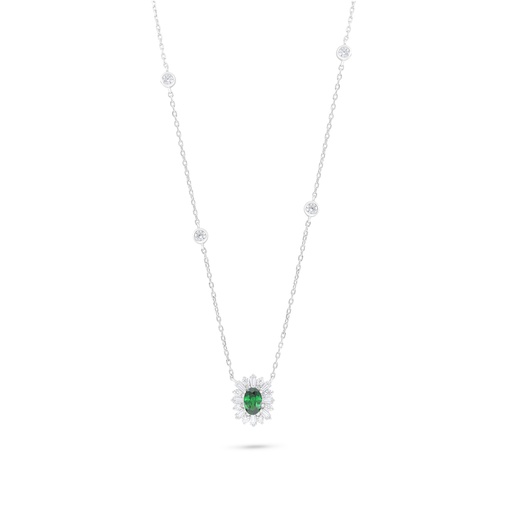 [NCL01EMR00WCZC008] Sterling Silver 925 Necklace Rhodium Plated Embedded With Emerald Zircon And White Zircon