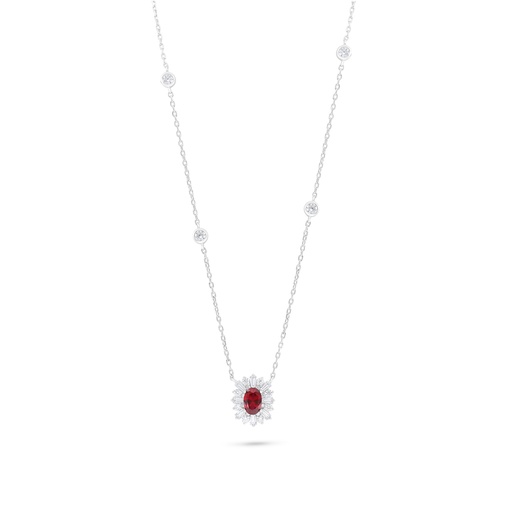 [NCL01RUB00WCZC008] Sterling Silver 925 Necklace Rhodium Plated Embedded With Ruby Corundum And White Zircon