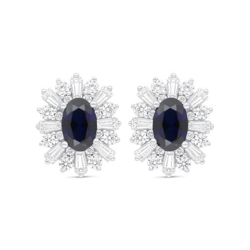 [EAR01SAP00WCZC924] Sterling Silver 925 Earring Rhodium Plated Embedded With Sapphire Corundum And White Zircon