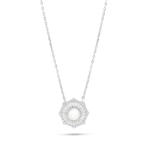 [NCL01FPR00WCZC009] Sterling Silver 925 Necklace Rhodium Plated Embedded With Natural White Pearl And White Zircon 