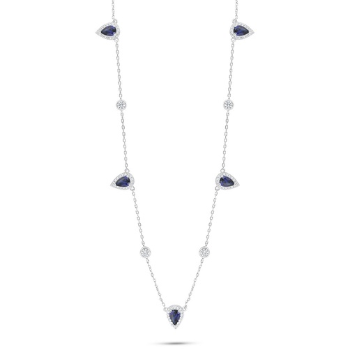 [NCL01SAP00WCZC010] Sterling Silver 925 Necklace Rhodium Plated Embedded With Sapphire Corundum And White Zircon