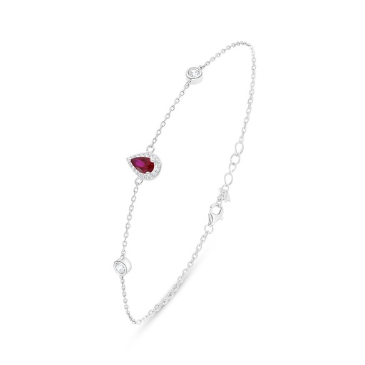 [BRC01RUB00WCZB473] Sterling Silver 925 Bracelet Rhodium Plated Embedded With Ruby Corundum And White Zircon