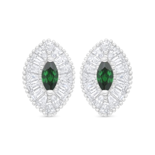 [EAR01EMR00WCZC939] Sterling Silver 925 Earring Rhodium Plated Embedded With Emerald Zircon And White Zircon