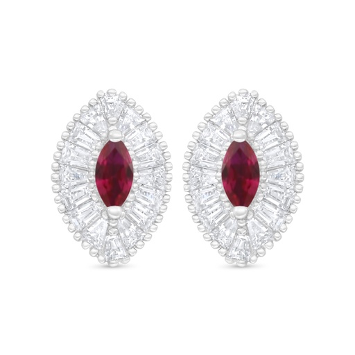 [EAR01RUB00WCZC939] Sterling Silver 925 Earring Rhodium Plated Embedded With Ruby Corundum And White Zircon