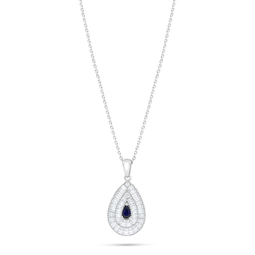 [NCL01SAP00WCZC024] Sterling Silver 925 Necklace Rhodium Plated Embedded With Sapphire Corundum And White Zircon